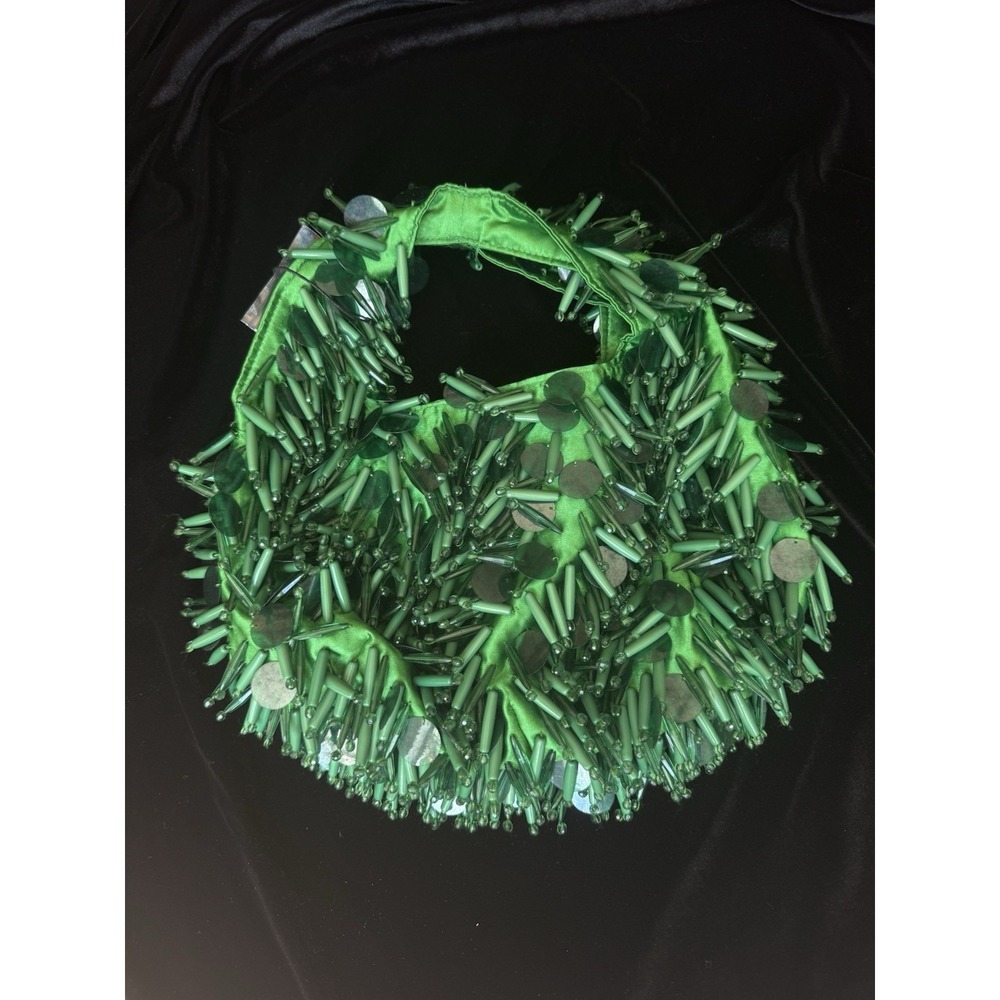 Zara Green Beaded Sequin Satin Statement Glam Hobo Handbag Evening Purse Bag - Picture 8 of 12